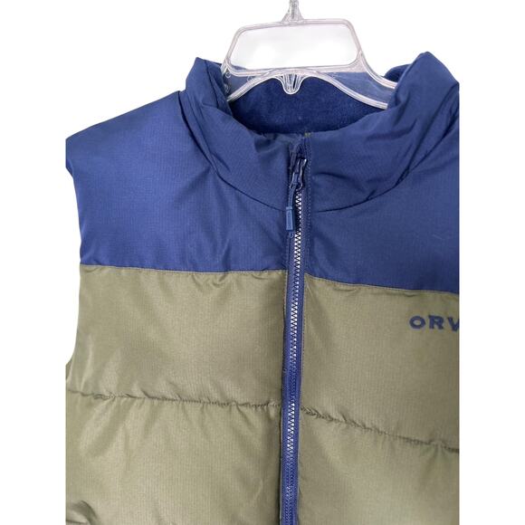 Orvis Ripstop Puffer Vest Green Navy Blue Color Block Full Zip Large Pockets - Picture 2 of 9